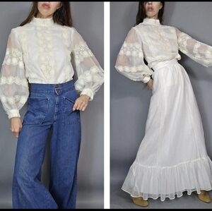Vintage 70s Matching Set Poet Blouse Maxi Skirt Ensemble S